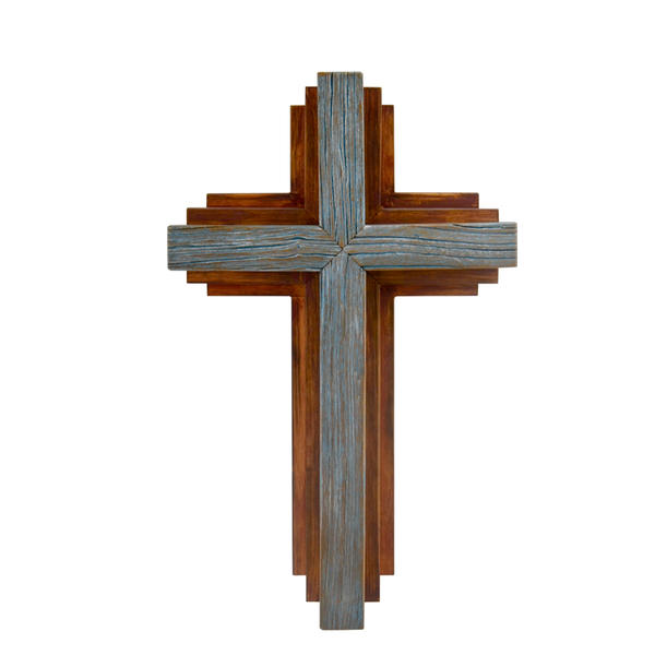 Wooden triple overlapped cross, top cross blue distressed, vintage AL195