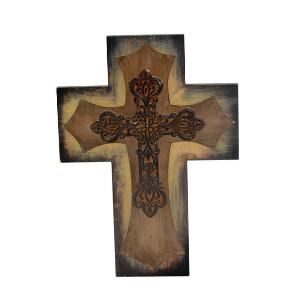MDF & metal triple overlapped cross, top victoria style metal cross attached AL196