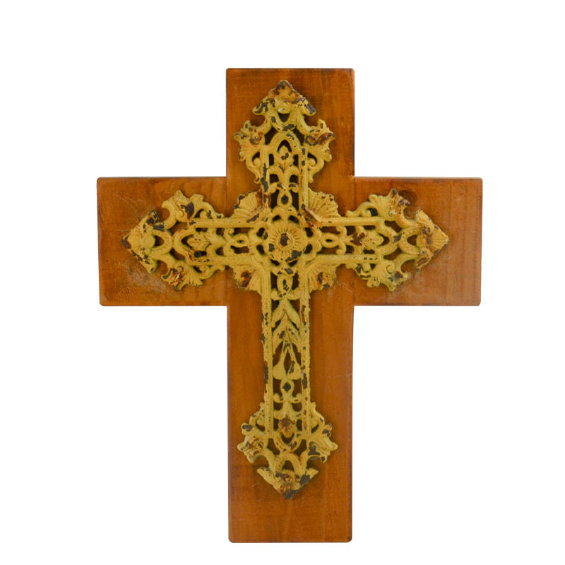 Wood cross with victoria style metal cross attached.   Brown & yellow AL197