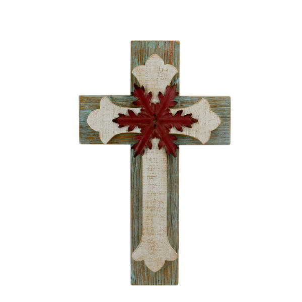 Wood & metal triple overlapped cross, top with red metal flower attached.  Distress and vintage style AL199