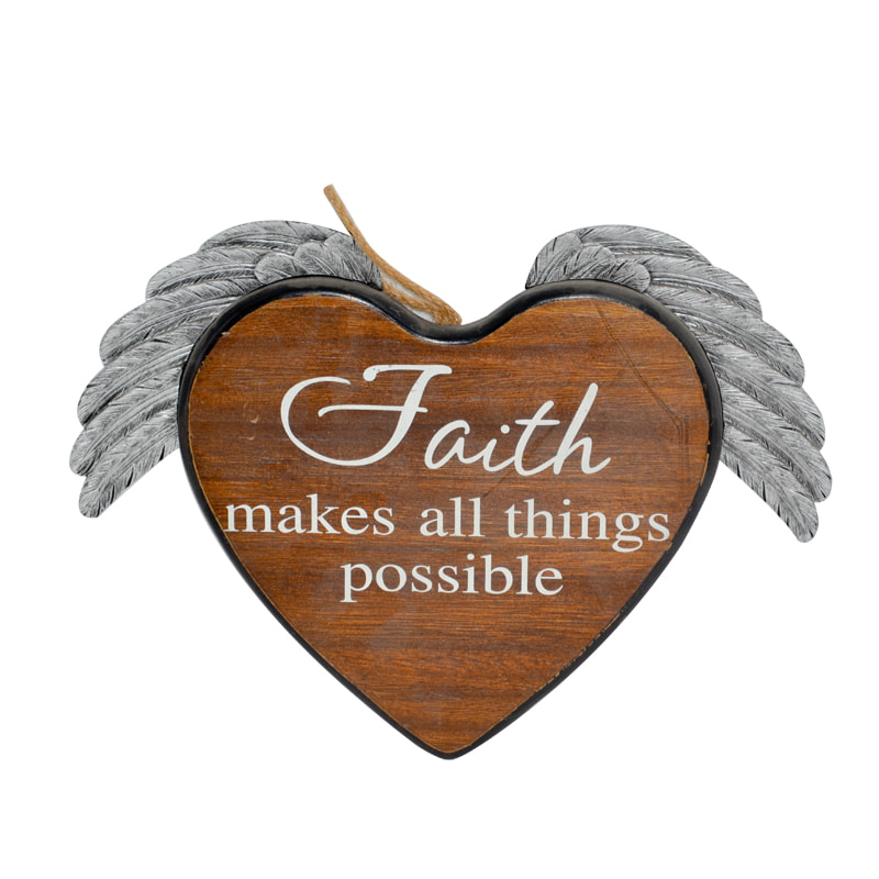 Metal framed wood heart wall plaque with polyresin wings AL203