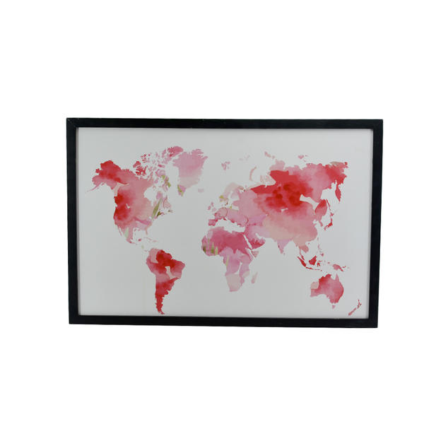 Black MDF framed art printing wall plaque.  Pink flowered world map AL255