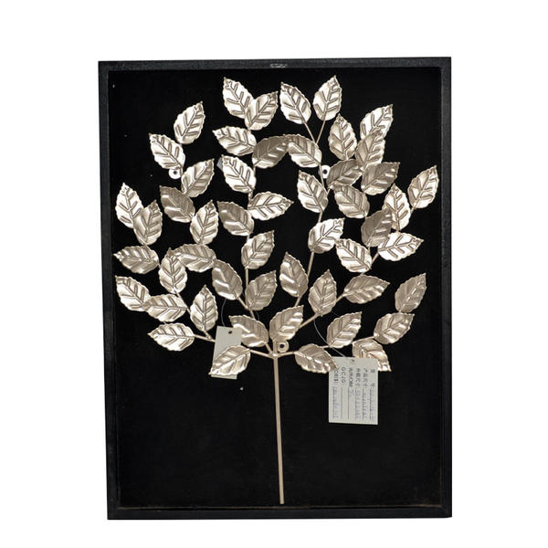 Black MDF wall plaque decored with silver color metal tree branch with leaves AL274