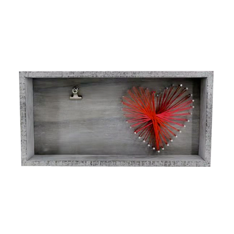 Wood box framed sewing thread art wall plaque with photo clip.  Grey distressed AL312