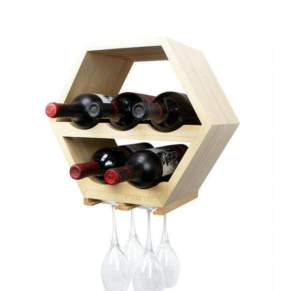 Wall mount wooden wine rack for 6,  natural wooden color. With glass holder for 4 ALY0528
