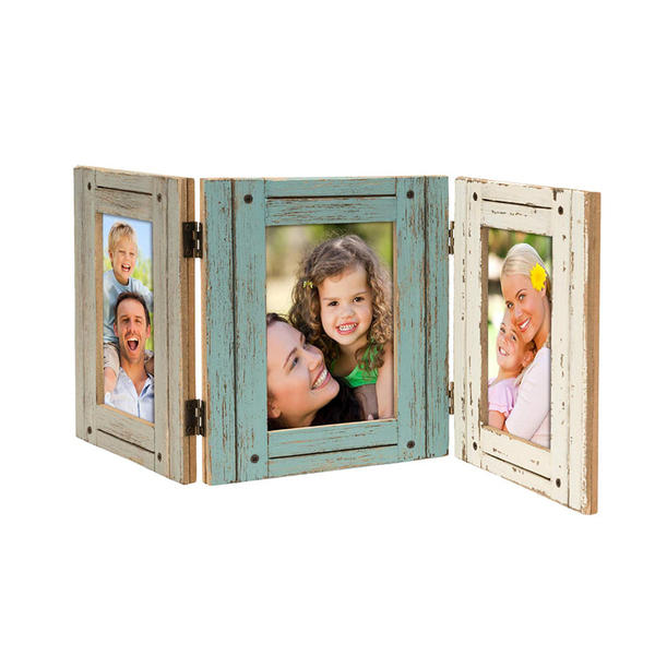 Wooden triple photo frame, foldable, 3 different color, white, green and beige.  All distressed.  Vintage style ALY1207