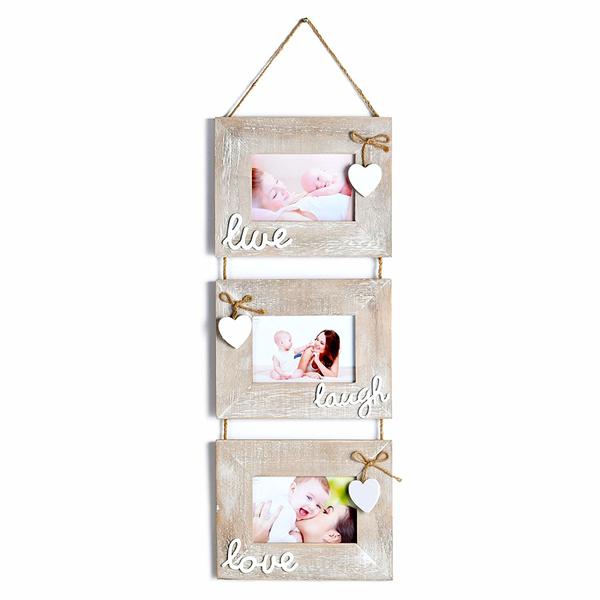 Wooden triple photo frame, family photo frame. Hanging frame, wood color with slightly white distressed, hearts decorated, vintage ALY1220