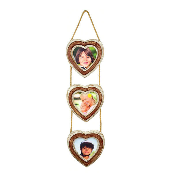 Wooden hanging triple photo frame,  jointed with hamp rope, heart shape, triple hearts framed ALY1231