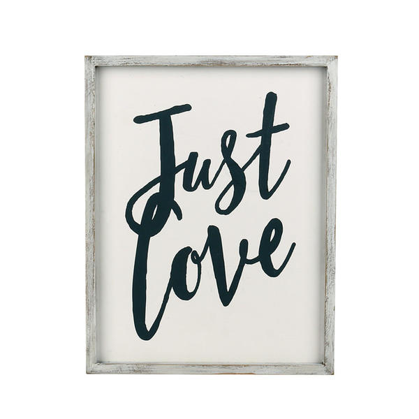 Wood framed MDF wall plaque, ' Just Love ',  grey distressed ALY2014