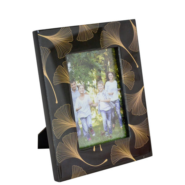 MDF photo frame,  black backgound with golden gingko leaves printed.  Rectangular F19-513